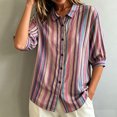 thumbnail image 3 of Morttic Women's Striped Lapel Collar Button Down Shirt – Collared Puff 3/4 Sleeve Blouse, Casual Loose Summer Top Pink，L, 3 of 6