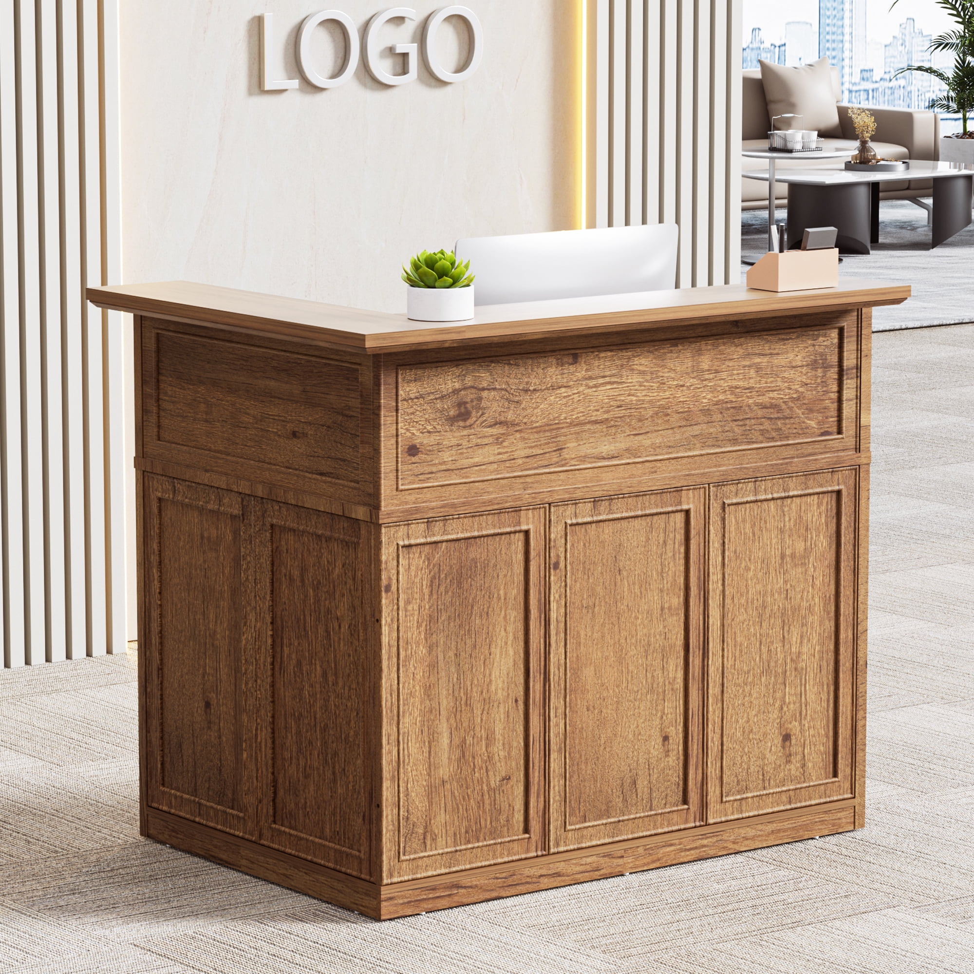 HARIPUL L-Shaped Home Bar Unit, 4-Tier Corner Bar Cabinet with Large Storage Space, Liquor Wine Cabinet & Reception Desk for Home Pub, 37.52"D x 52.44"W x 43.94"H, Wood