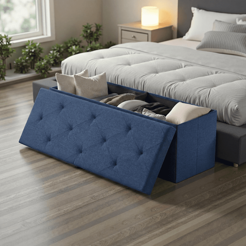 Telyra 43" Foldable Storage Ottoman Bench Fabric Footrest Stool with Foam Padded Seat, Blue