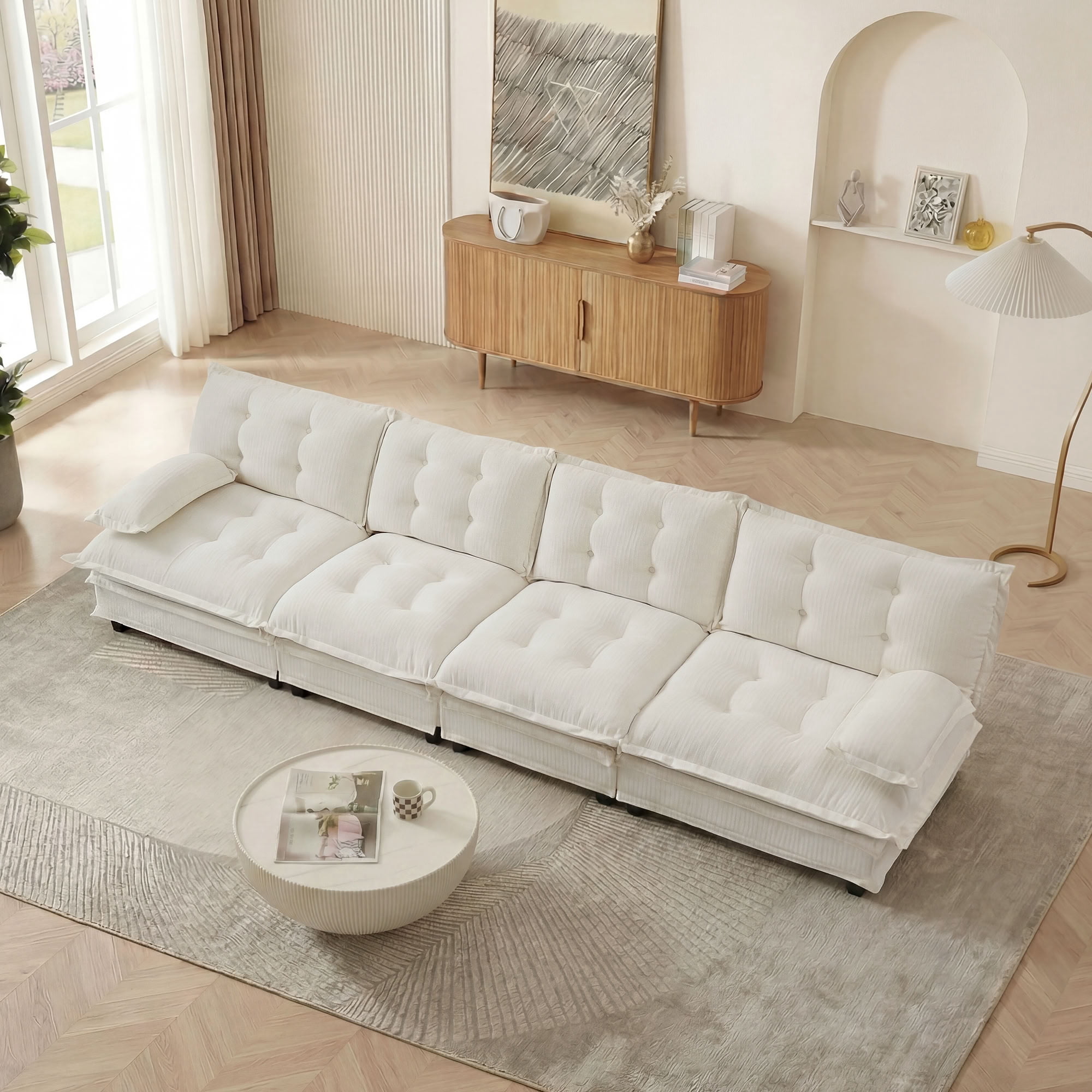 MAYEERTY 138 Inch Cloud Sectional Sofa, 4-Seater Chenille Modular Couch, Solid Wood & Metal Frame for Living Room Home Apartment