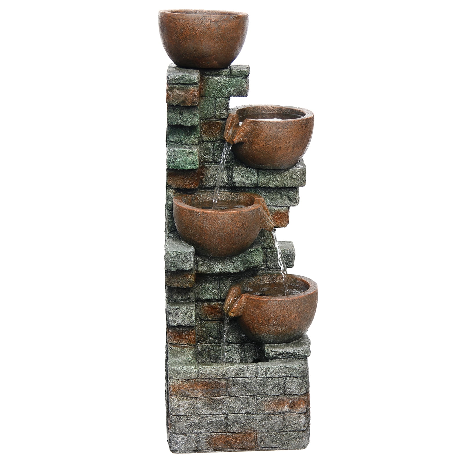 39.37''H Outdoor Water Garden Fountain 5-Tiers Cascading Bowl and Stacked Stones Waterfall Water Feature Indoor Bowl Planter Water Fountain Decor with LED Lights for Garden Patio Porch Backyard