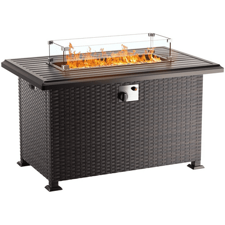 43.3" Rattan Propane Fire Pit Table - Auto-Ignition 55,000 BTU Rectangle Gas Fire Table with Windshield & Weather Cover, Outdoor Heater for Patio Garden ,Brown