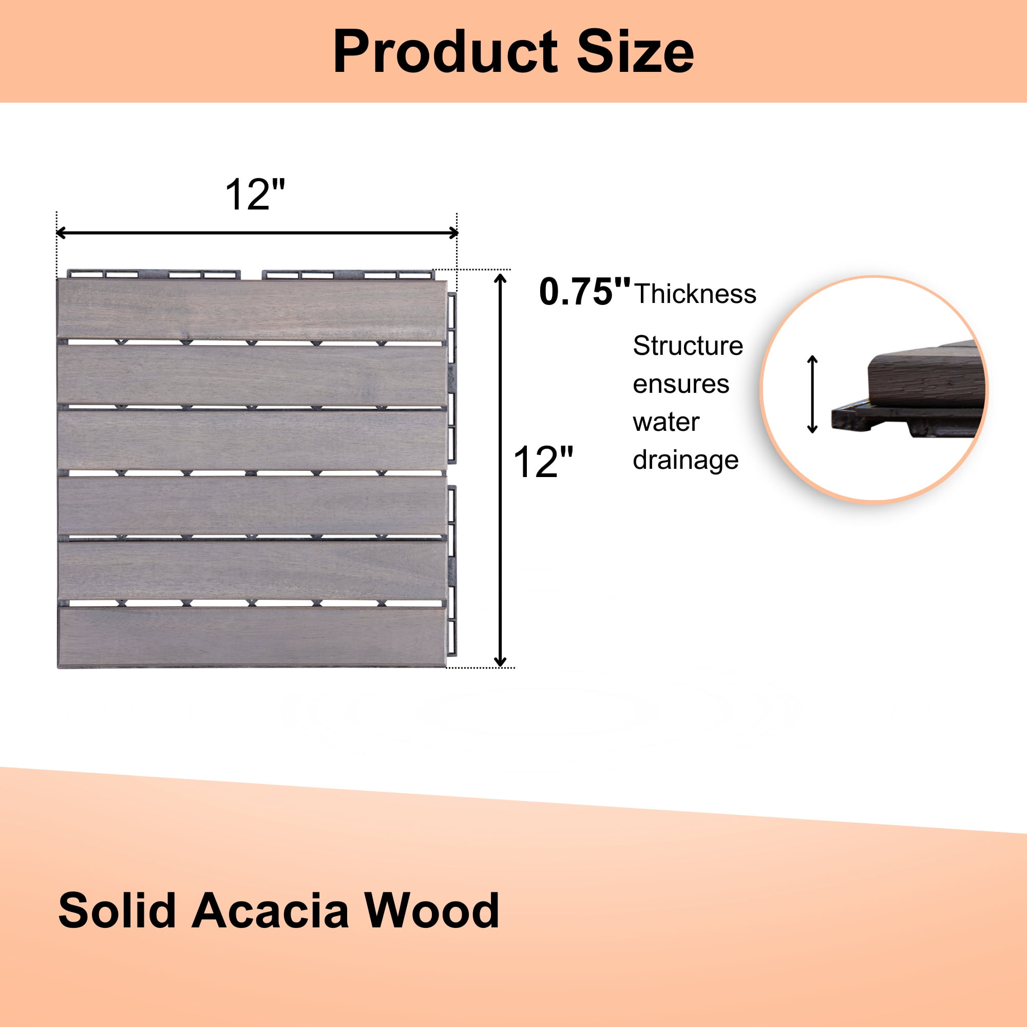 Miniyam 10 Pcs Interlocking Deck Tiles, 12x12 inch, Acacia Solid Wood, for Outdoor Balcony Garden, Light Gray