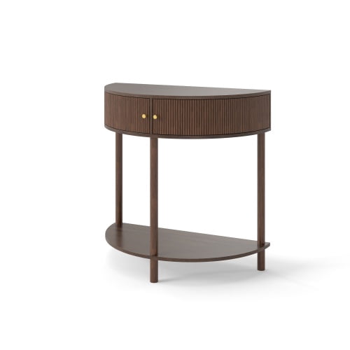 Aukfa Half Moon Console Table with Rattan Storage Cabinet,Side Table Sofa Table for Living Room, Hallway,Brown