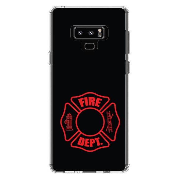 DistinctInk Clear Shockproof Hybrid Case for Samsung Galaxy Note 9 - TPU Bumper, Acrylic Back, Tempered Glass Screen Protector - Red Fire Department Maltese Cross - First Responders