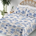 thumbnail image 3 of Ambesonne Floral Fitted & Flat Sheet with Shams 4 Pcs Set, Winter Sketch Roses Artwork, King, Blue Pale Grey Cream, 3 of 5