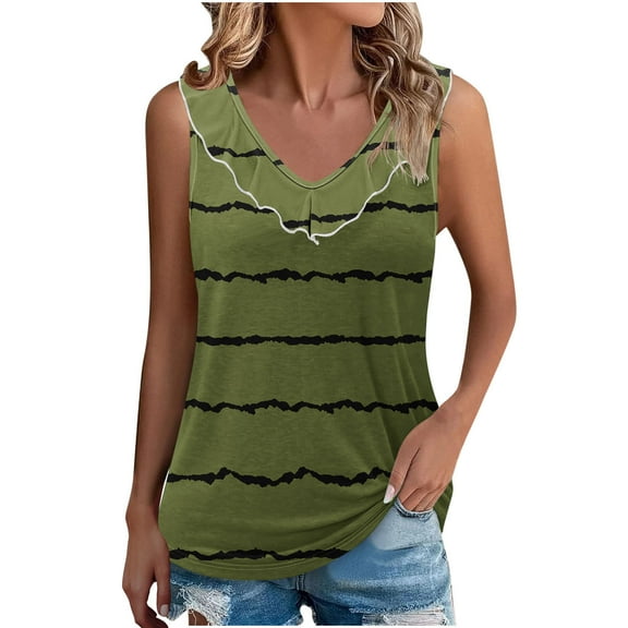 ZQGJB Sexy Ruffled Trim V Neck Tank Tops for Women Casual Striped Color Block Print Summer Sleeveless Tunic Blouse Loose Fit Dressy Shirts Army Green XXL