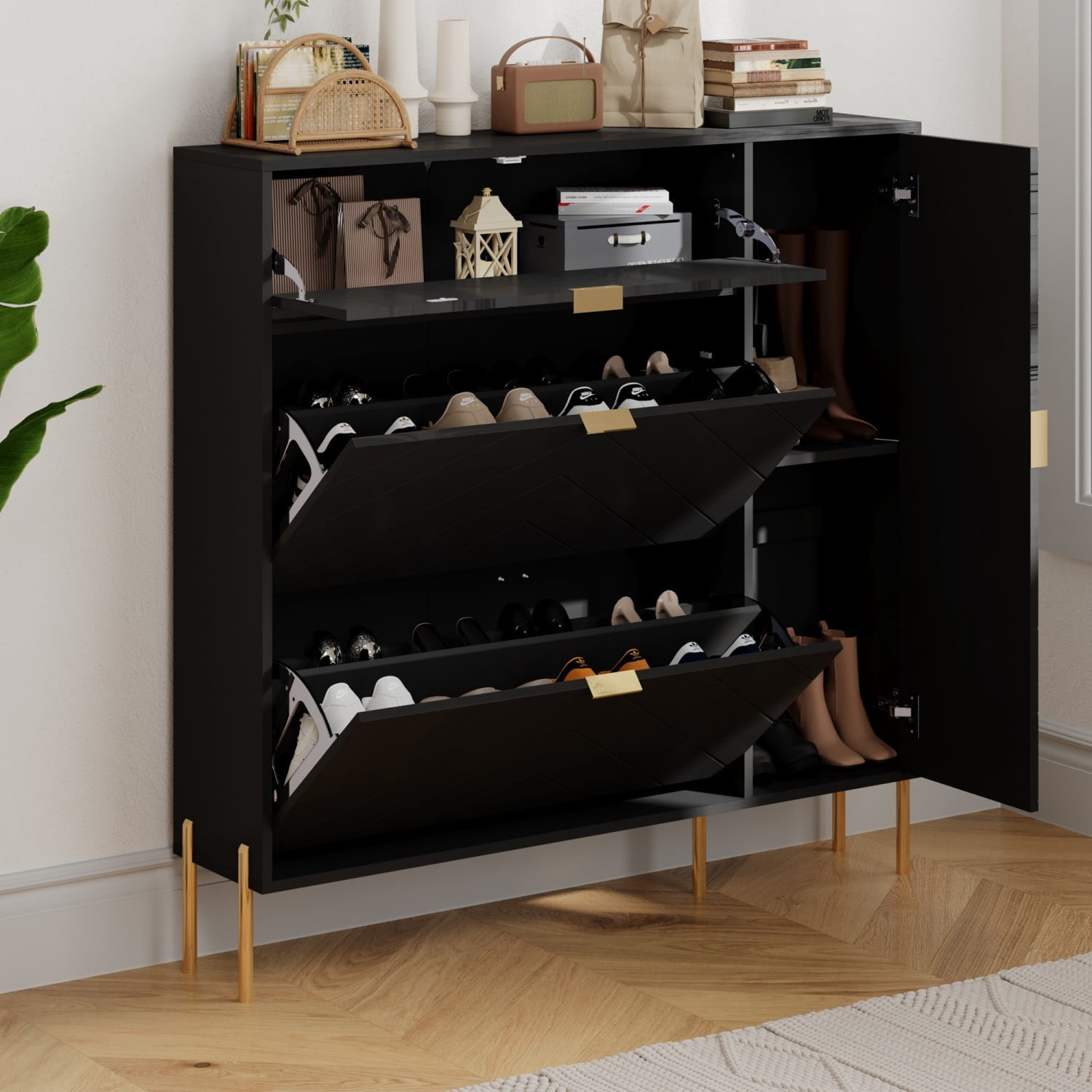 MDF Shoe Storage Cabinet with Flip Drawers & Adjustable Shelves, Modern Entryway Shoe Organizer Cabinet, Black