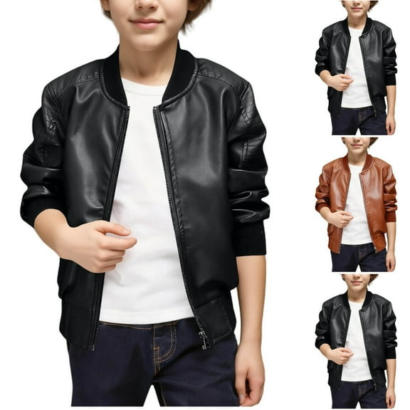 Gamivast Faux Leather Jacket Kids Warm Winter Zip up Crewneck Bomber Fleece Lined Coats for Boys Girls and Teen Fashion Long Cuffed Sleeve Thick Outerwear with Pockets (2-16)