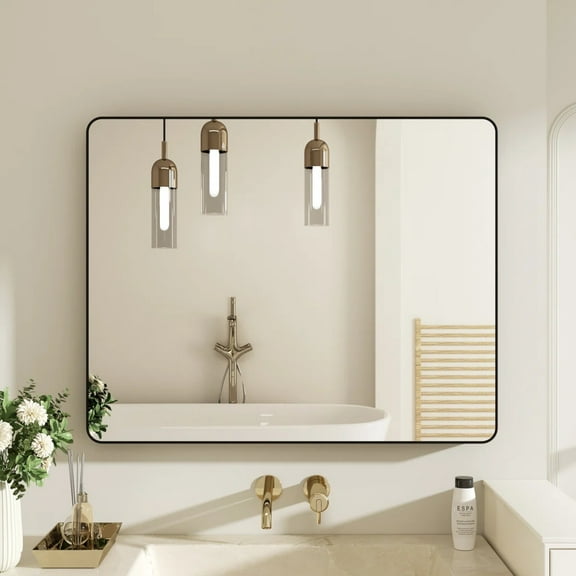 Lumora 40.1"x30" Rectangle Bathroom Mirror Rounded Corner Wall-mounted Mirror,Black