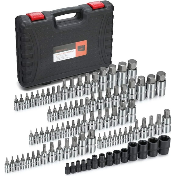 92-Piece Allen and Torx Bit Socket Set, 1/4" 3/8" and 1/2" Drive Tamper Proof Torx/Hex SAE & Metric Bit Set