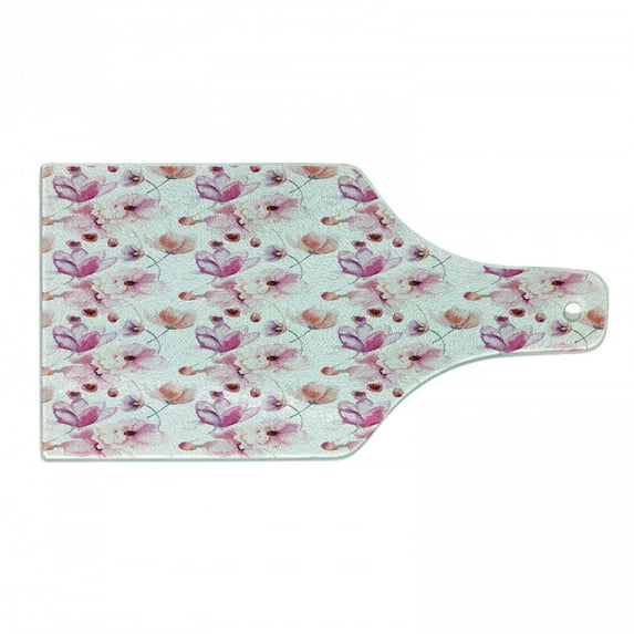 Floral Cutting Board, Watercolor Painting Style Blooming Flowers Spring Nature Botanical Art, Decorative Tempered Glass Cutting and Serving Board, Wine Bottle Shape, Pink Purple Coral, by Ambesonne