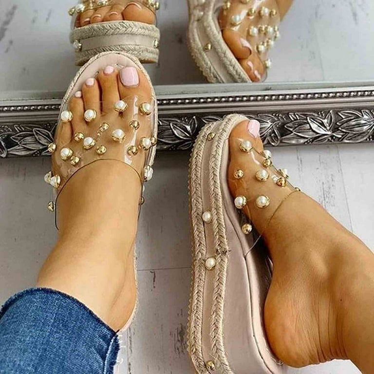  Sandals for Women Flat Sandal Slip-on Heel High Toe Chunky  Clear Pearl Ladies Women's Slide Sandals with (Clear, 6.5-7)