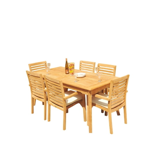 Grade-A Teak Dining Set: 6 Seater 7 Pc: 71" Rectangle Table And 6 Hari Stacking Arm Chairs Outdoor Patio WholesaleTeak #51HR1607