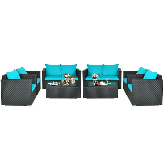 Gymax 8PCS Rattan Patio Conversation Set Outdoor Furniture Set w/ Turquoise Cushions