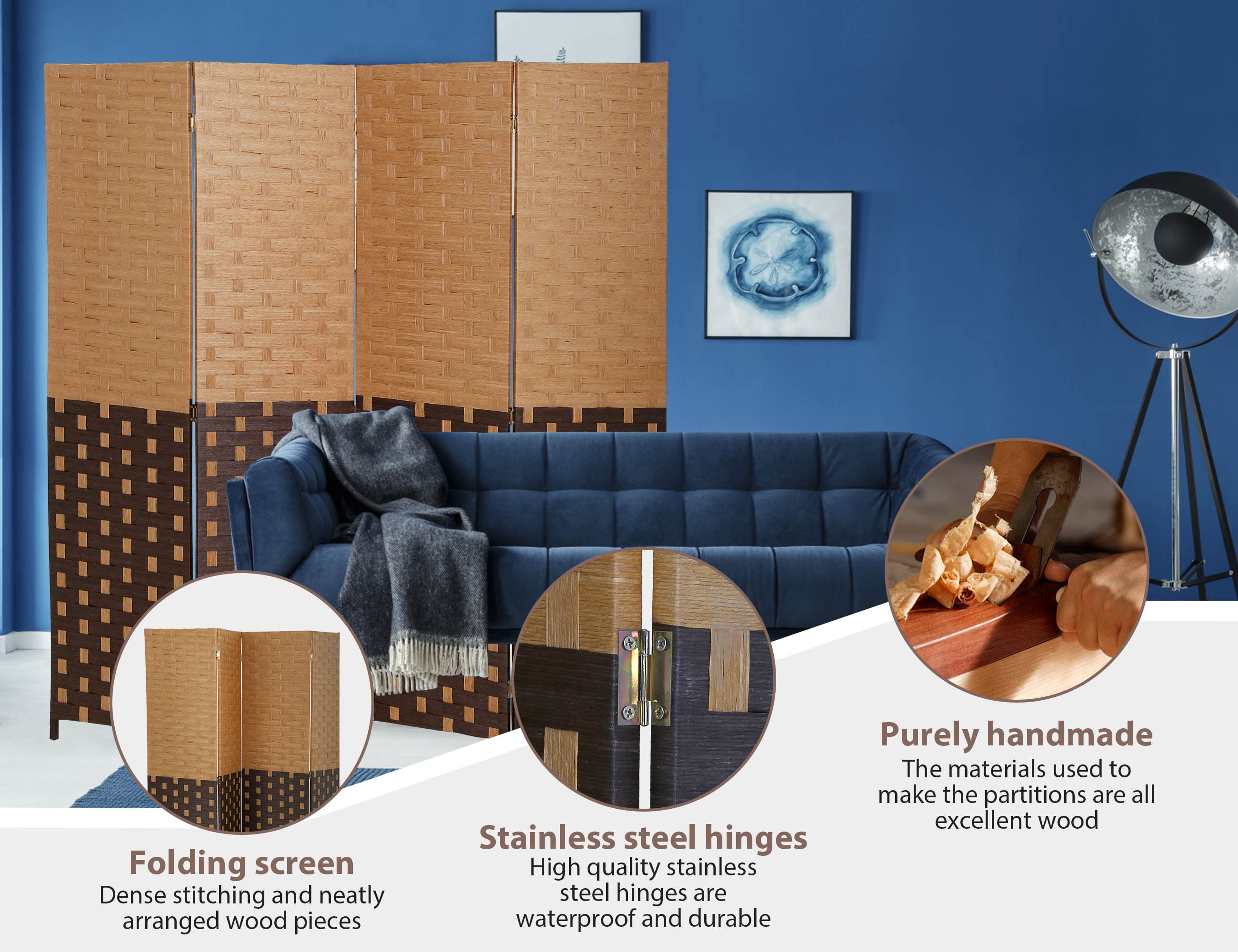 YRLLENSDAN 4 Panel Room Dividers, 6FT Room Partitions and Dividers for Room Separation Hand-Woven Design Portable Wall Folding Screen Privacy Screens, CM