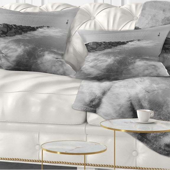 Designart Milky Waves Splashing Over Rocks - Modern Seascape Throw Pillow - 12x20