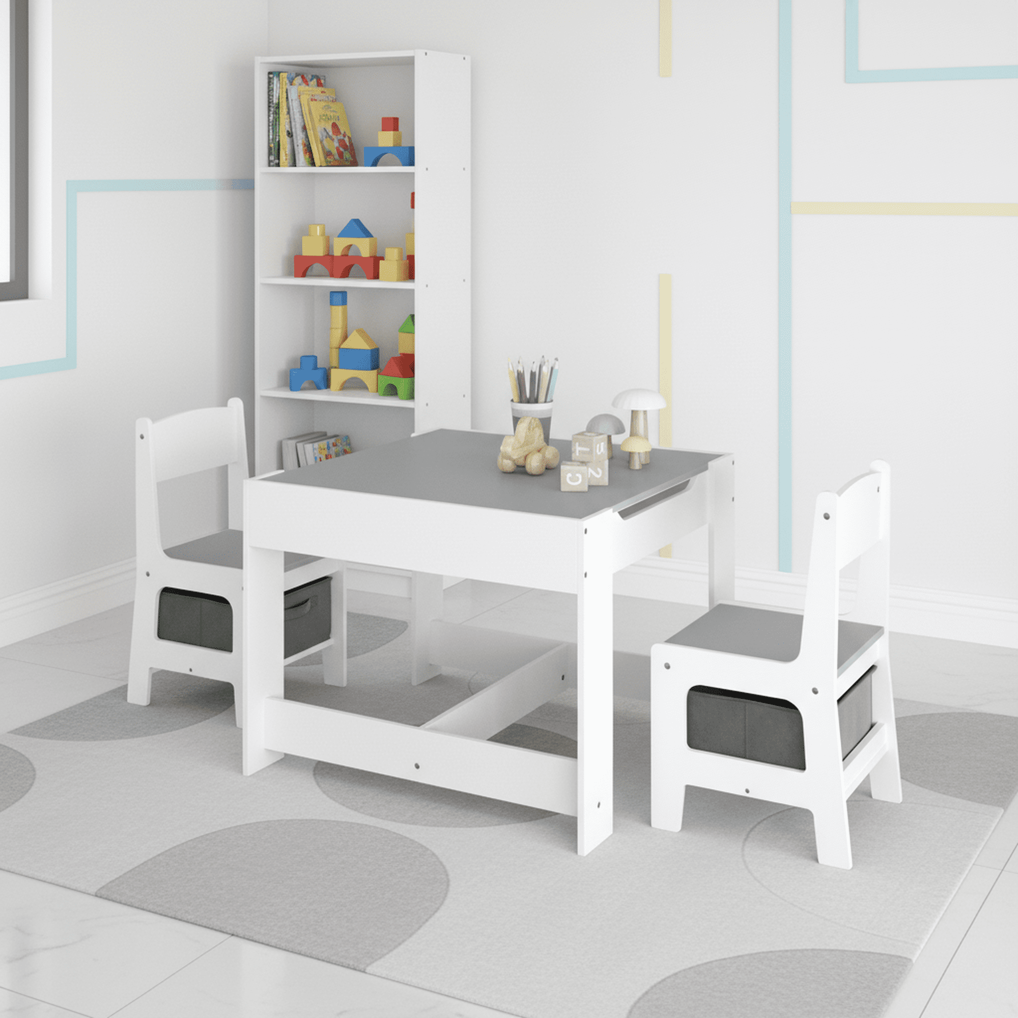 Homy Casa Kids Table and Chair Set, 3-in-1 Activity Table with Storage, Toddler Learning Play Set