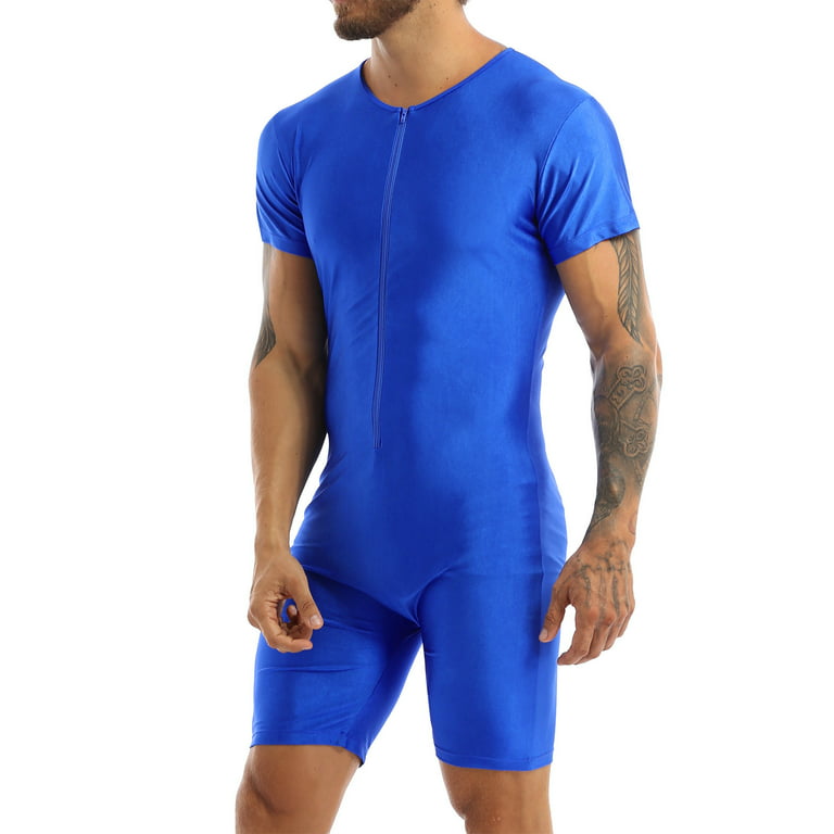 MSemis Men's One-piece Spandex Jumpsuit Bodysuit Dance Unitard Leotard Blue  Large 