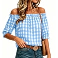 thumbnail image 2 of Setooff Womens Shirts, Gingham Off Shoulder Bubble Sleeve Shirts for Women, Elastic Ruffle Neck Loose Casual Summer Blouse, 2 of 7