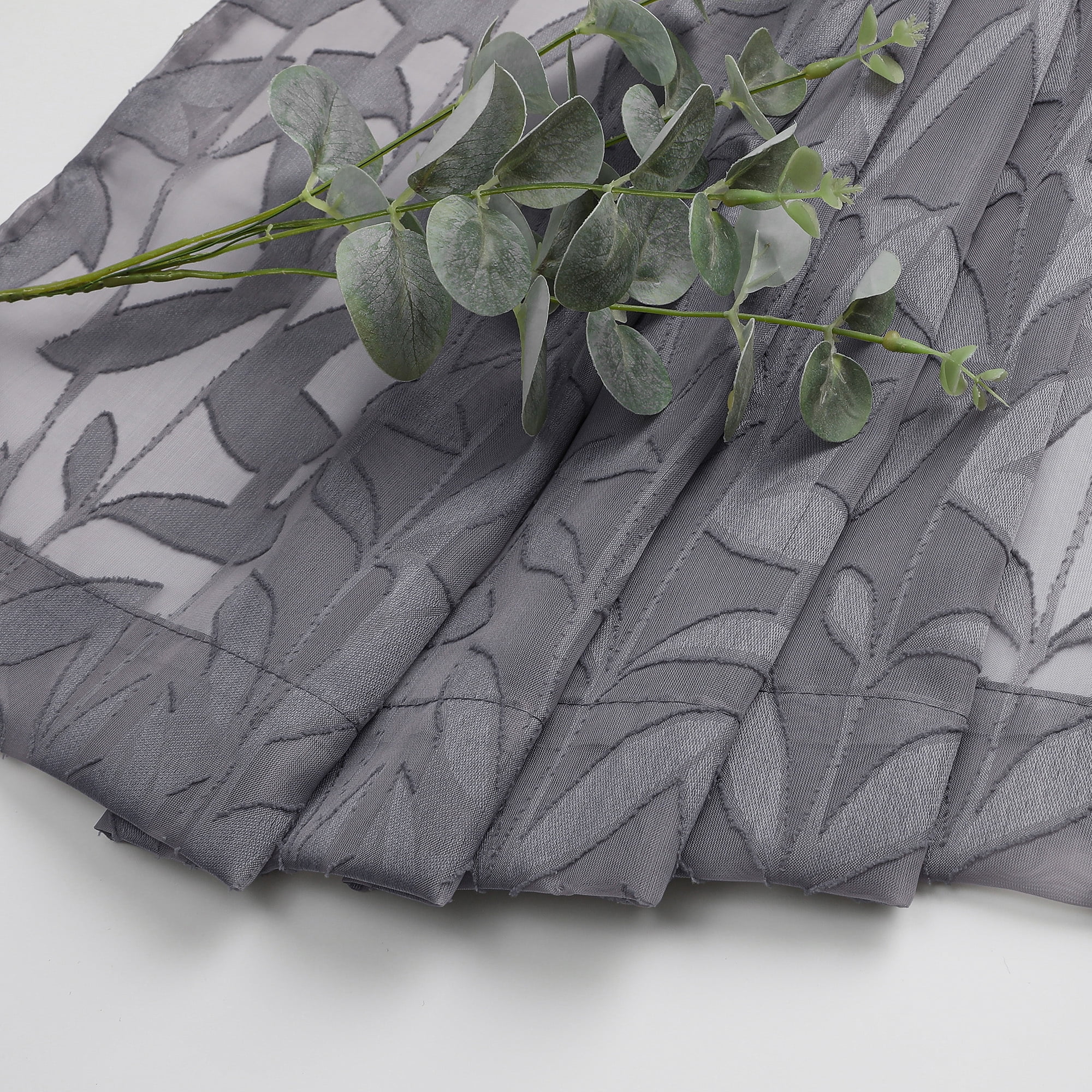 OVZME Leila Light Filtering Grey Sheer Curtains 72 Inches Long 2 Panels, Textured Jacquard Leaf Pattern Farmhouse Door Curtains for Living Room, Bedroom, Bathroom, Each 40Wx72L Inch, Grey