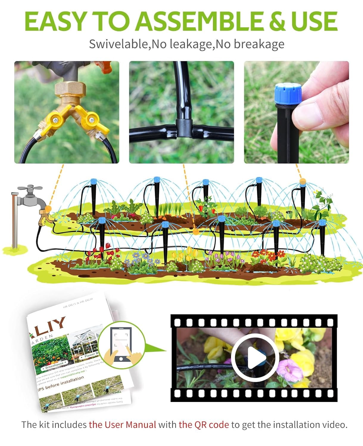 50ft Drip Irrigation Kit Plant Watering System 8x5mm Blank Distribution Tubing DIY Automatic Irrigation Equipment Set for Garden Greenhouse Flower Bed Patio Lawn