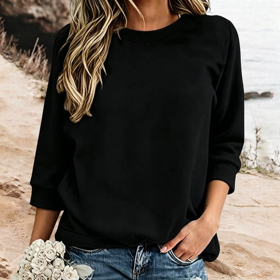 Soft Lightweight Crew Neck Sweatshirts for Women Solid Color Loose Winter Fashionable Casual 3/4 Sleeve Head Sweatshirt Women's Relaxed Fit Basic Pullover Tops for Daily Autumn Outfit