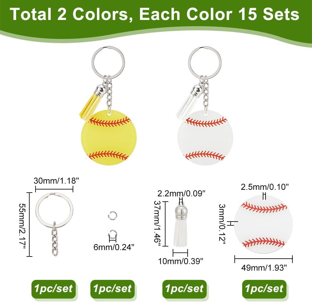 30 pcs Softball Baseball Acrylic Keychain Mutil-color Acrylic Keychain with Tassel for Gift School Rewards Sports Party