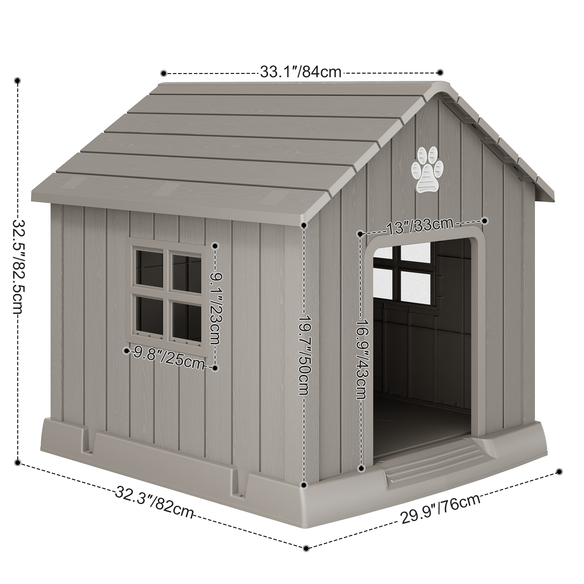 LHBcraft Dog House,Weatherproof Resin Shelter with Air Vents and Elevated Floor for Small-Medium Dogs,Dog kennel for Indoor&Outdoor,Gray,32.3" L x 29.9" W x 32.5" H