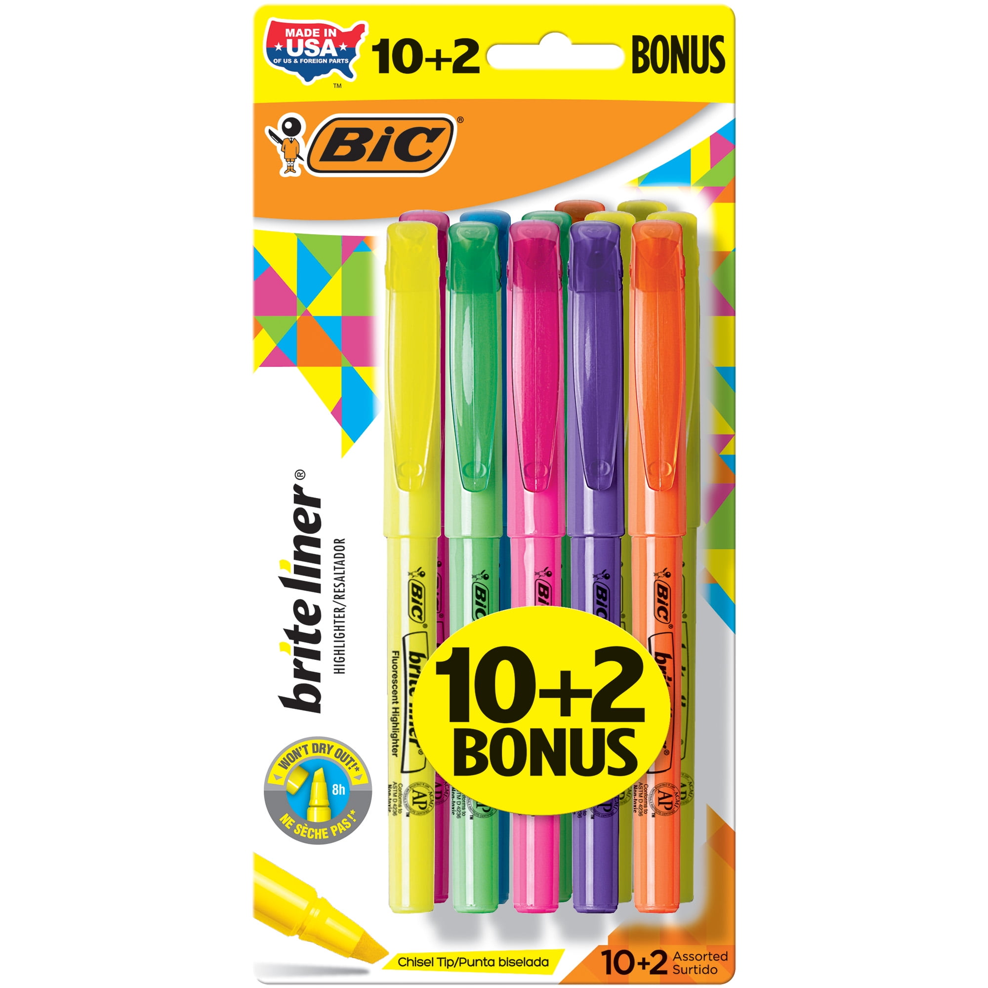 BIC Brite Liner Highlighter, Chisel Tip For Broad Highlighting & Fine Underlining, Assorted Colors, 10+2 Count