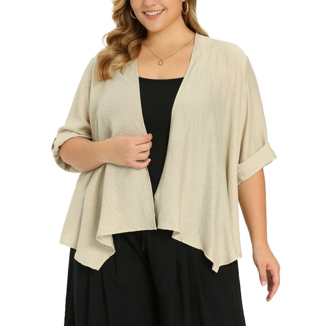 GRACE & GRANDEUR Cárdigan de Talla Grande para Mujeres Estilo Cascada con Mangas 3/4, Cárdigan Abierto de Frente Irregular, 2X Color Albaricoque