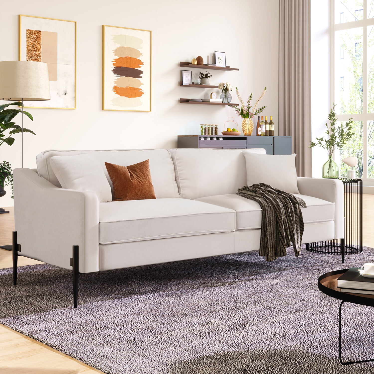 Kadyn Upholstered Modern Loveseat, 81" Sofa Couch with Metal Legs, Durable with 2 Pillows, 2-3 People Seat Capacity, Beige