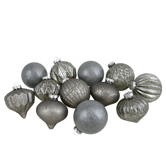 Northlight Finial and Glass Ball Christmas Ornaments -3.25" - Neutral and Silver - Set of 12