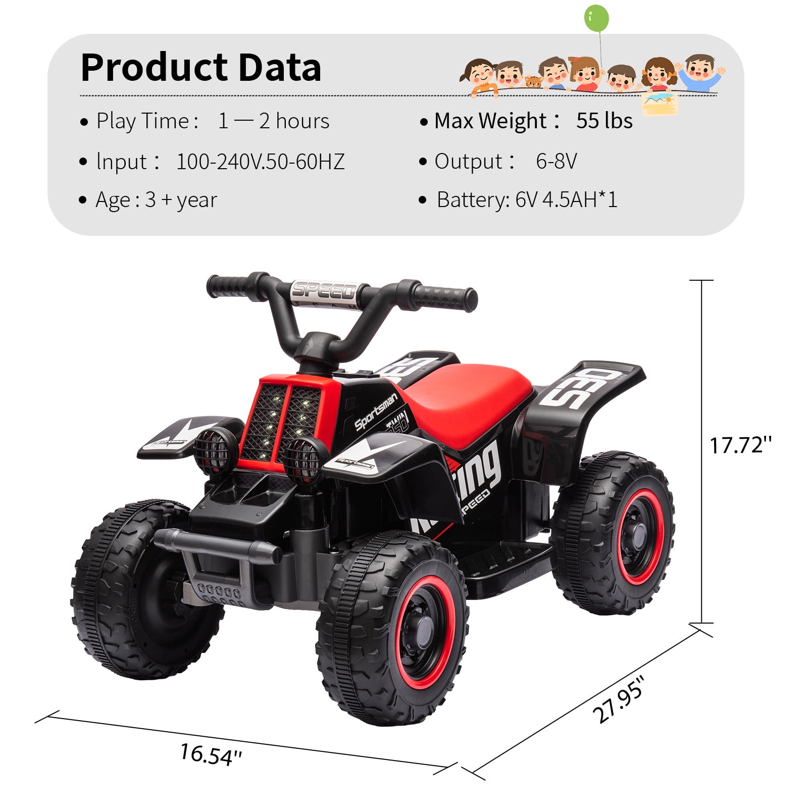 Accreate Kids Ride On ATV, 6V Ride On Car with Led Headlights, Music, Treaded Tires, Rubber Handles, Push-Button Accelerator, forward & Reverse