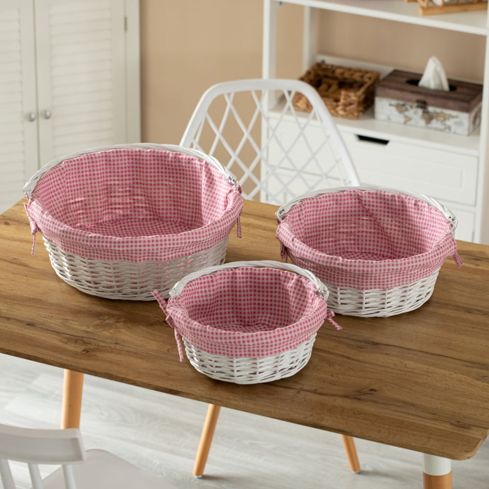 Traditional White Round Willow Gift Basket with Pink and White Gingham Liner and Sturdy Foldable Handles, Food Snacks Storage Basket, Medium