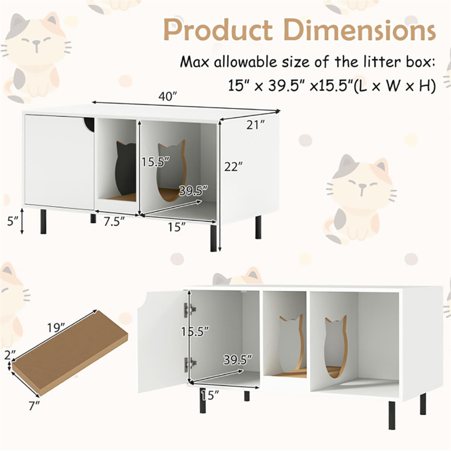 resenkos 40" Cat Litter Box Enclosure Furniture with Scratching Board, Hidden Litter Box for Cats, Cat House Furniture for Side Table or Nightstand, White