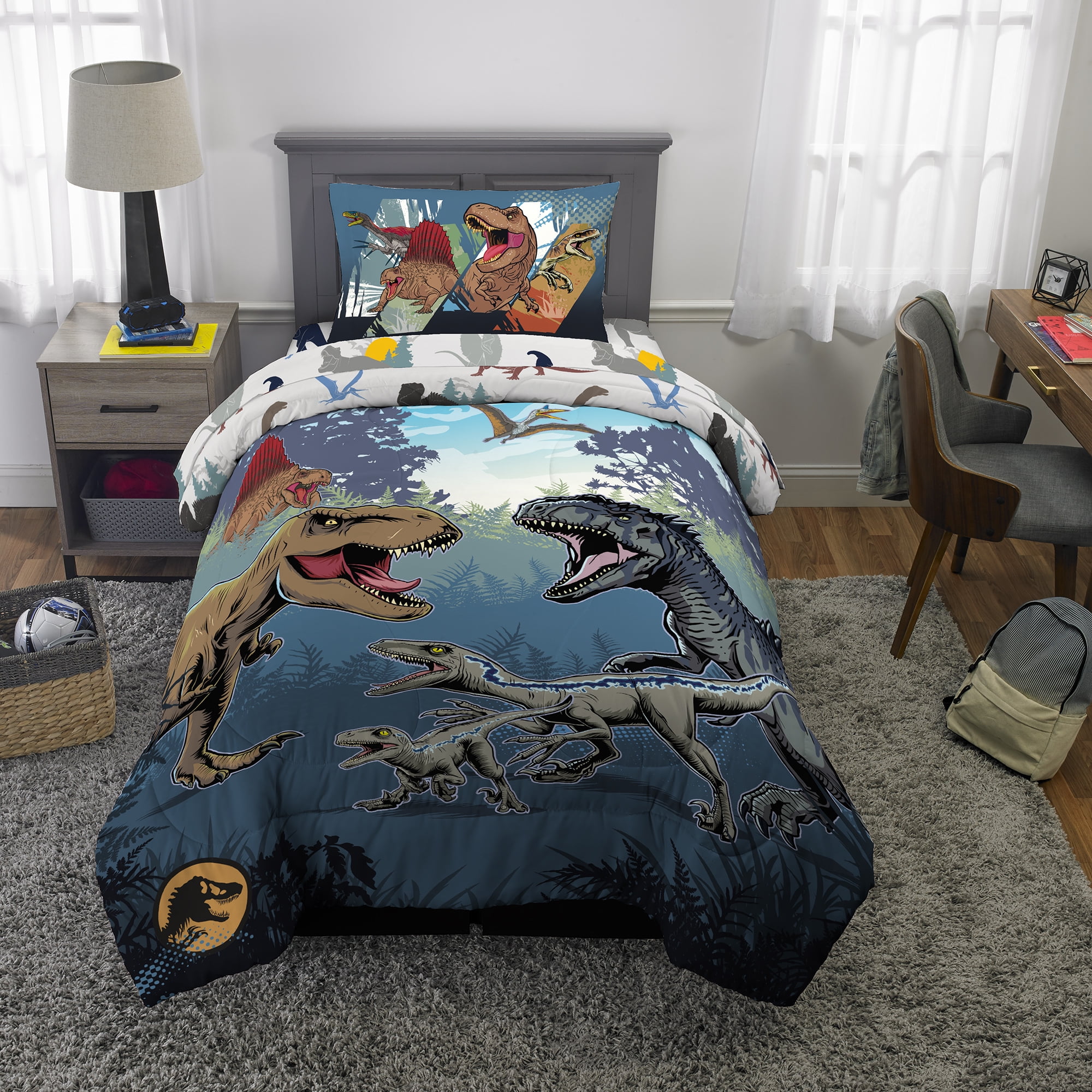 Jurassic World Kids 4 Piece Blue Gray Reversible Comforter, Bed in a Bag, Twin