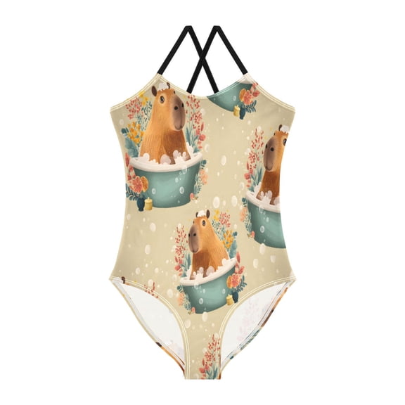 BZSMCE One-Piece Swimsuit with Crisscross StrapsCapybara Bathtub Pattern