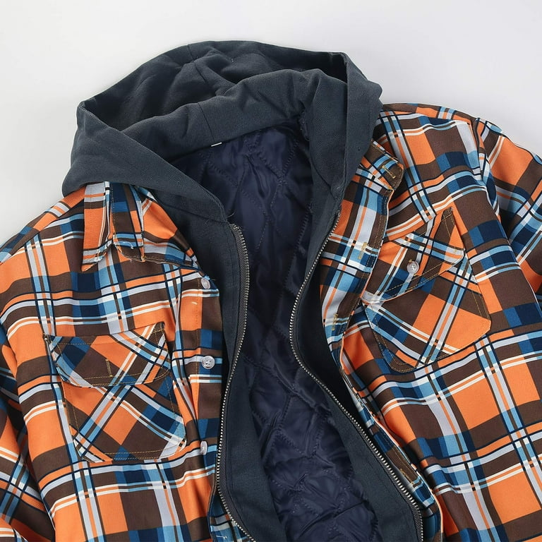 Men s Cotton Plaid Shirts Jacket Fleece Lined Flannel Shirts Sherpa Button Down Jackets with Hood for Men