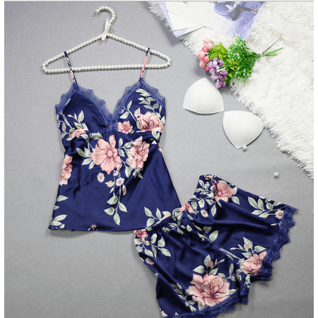 

Women 2PCS Lingerie Floral Sling Lace Deep V-Neck Top Short Elastic Band Pants
