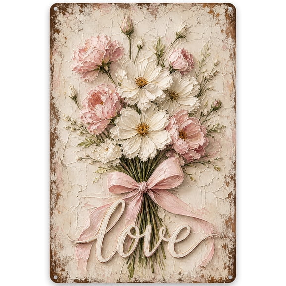 Romantic Floral Bouquet Love Iron Wall Sign, 8x12 Inch Vintage Style Home Decor, Shabby Chic Metal Art with Pink and White Flowers, Rustic Weather Resistant Indoor/Outdoor Decor