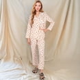 thumbnail image 2 of Women's Floral Print Button-Up Long Sleeve Pajama Set with Ruffle Details - Small, Light Beige, 2 of 7
