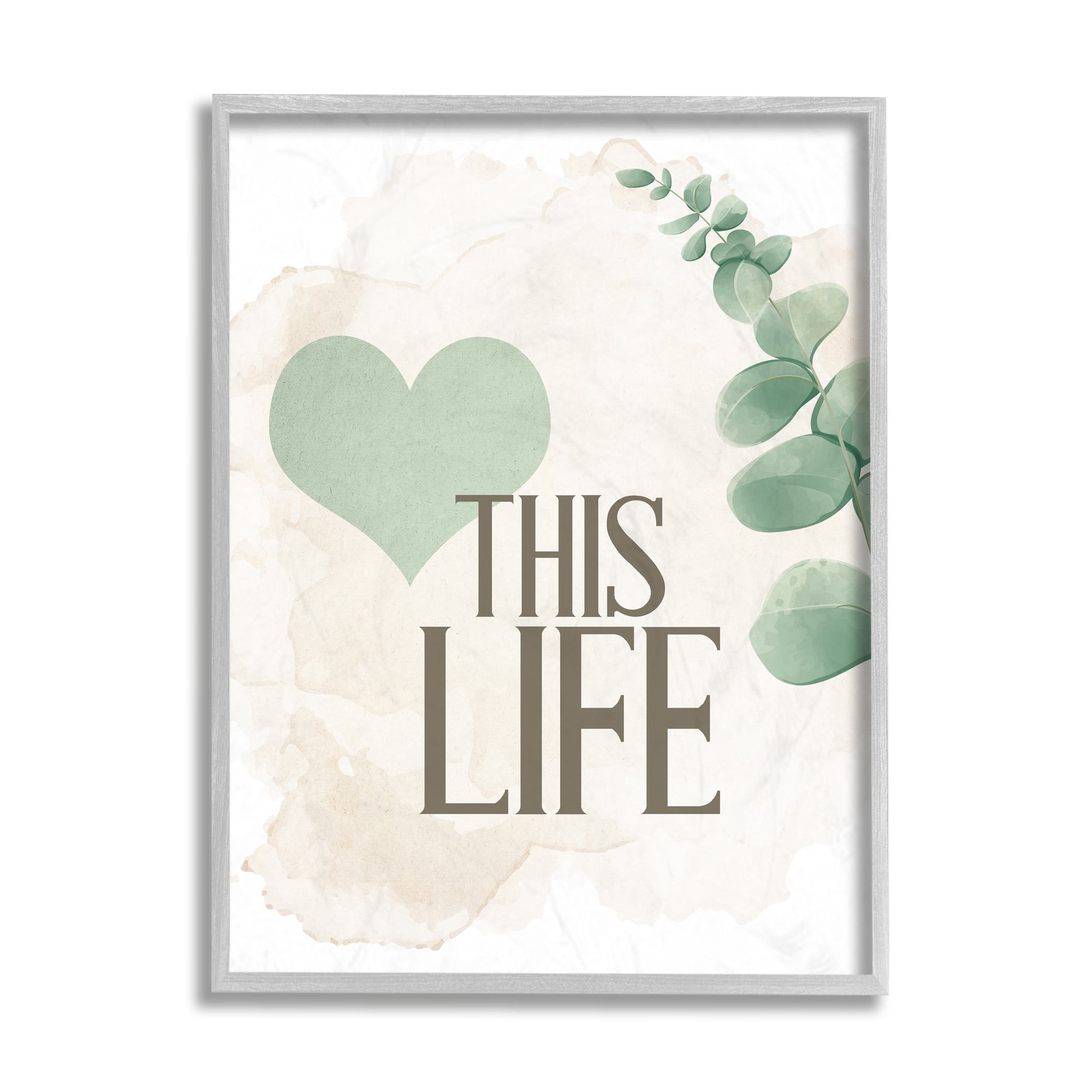 Stupell Industries Love This Life Text Green Heart Neutral Brown Gray Framed by Kim Allen
