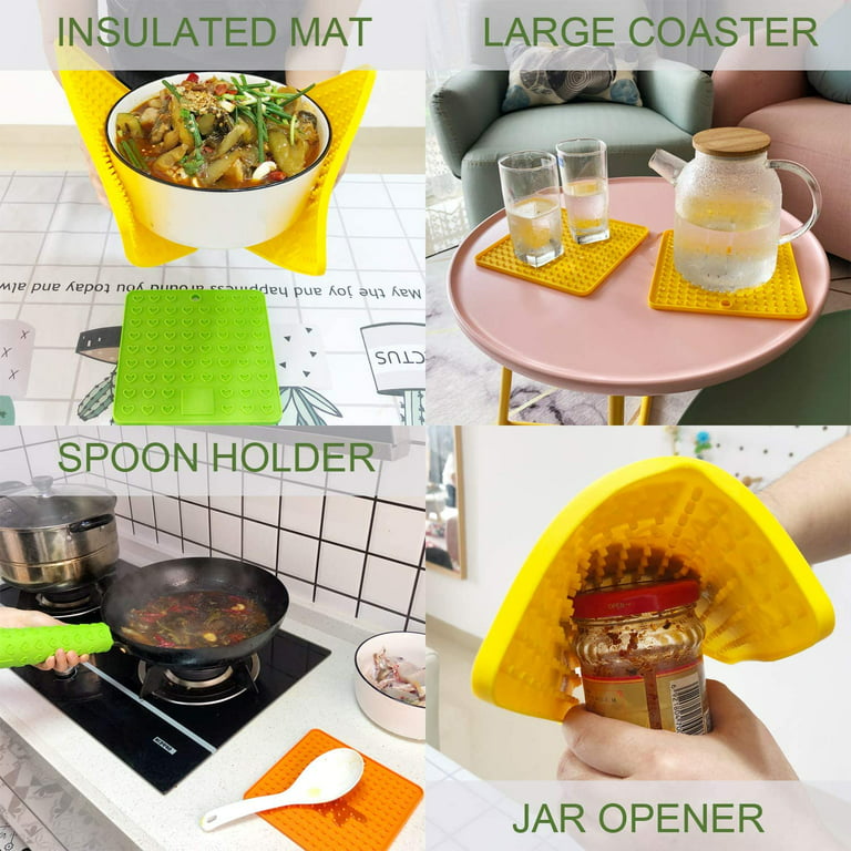 Silicone Trivet Mats, Pot Holders, Hot Pads, Non-Slip Mat, Spoon Holder,  Jar Opener Multipurpose Kitchen Potholders, 4 Pack (Purple)