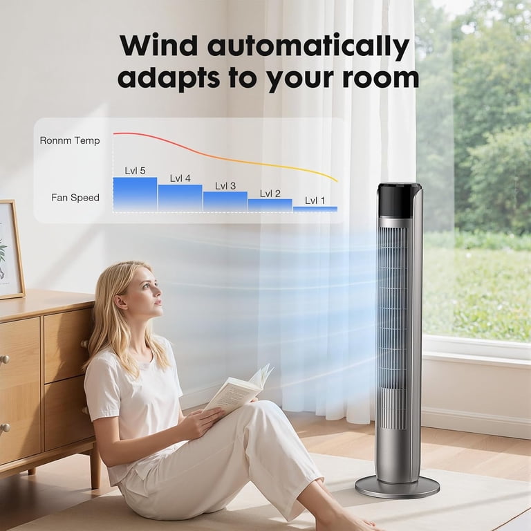 Tower Fan Portable Electric Quiet Cooling Vertical Standing Bladeless Floor Fans LED Bladeless Fan 2 Speeds Wind Modes Timer Bedroom Office Desk Mini