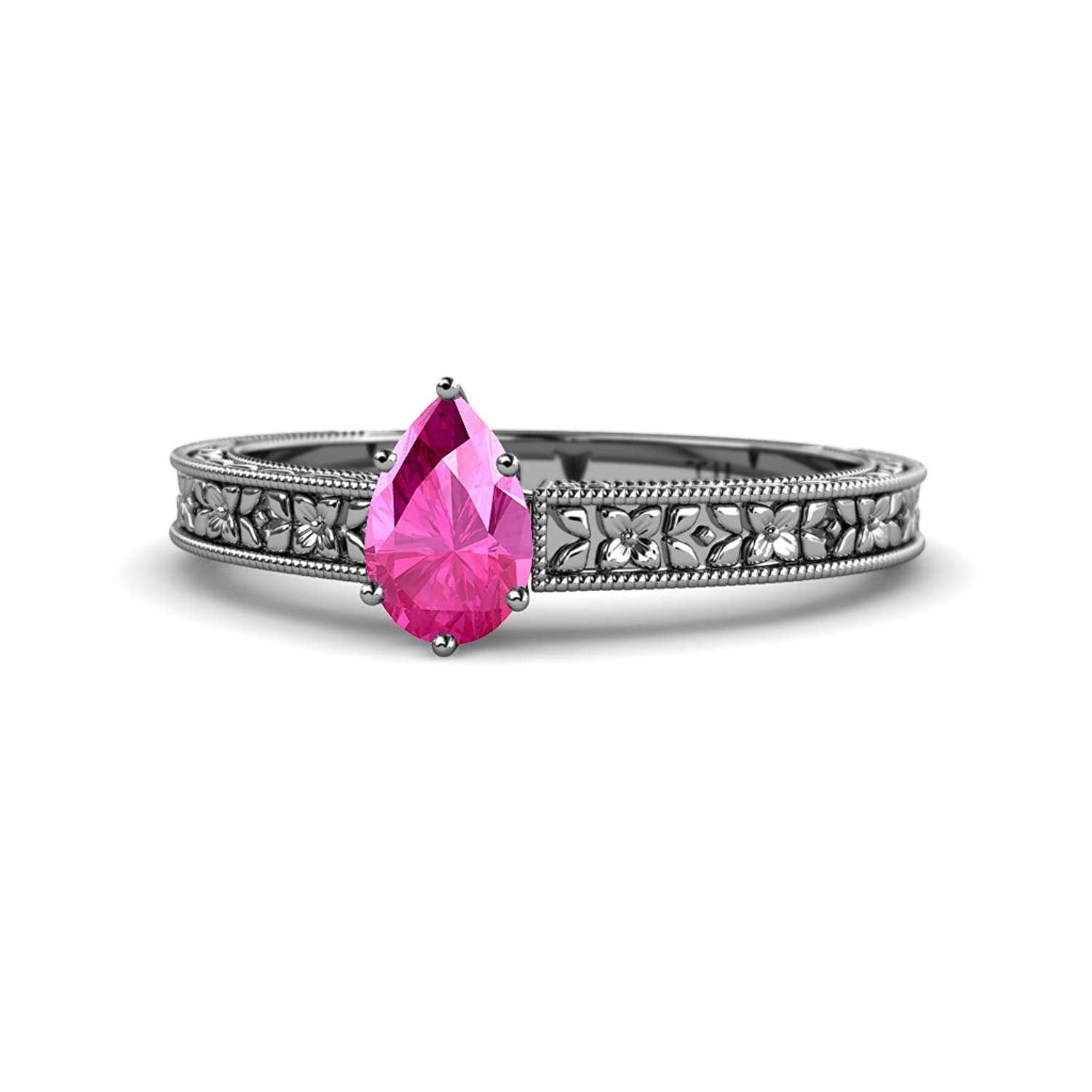 Pink Sapphire 7x5mm Pear Floral Engraved Solitaire Engagement Ring 0.79 Carat 14K White Gold.size 6.0 by TriJewels