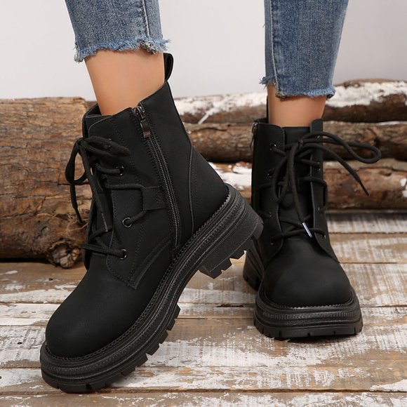 AUNVITO Bottes Cheville d'Hiver Chaudes pour Femmes avec Fermeture Éclair Latérale et Laçage à l'Avant, Couleur Unie, Bout Rond, Talon Épais Bas, Chaussures Décontractées pour l'Extérieur et le Quotidien