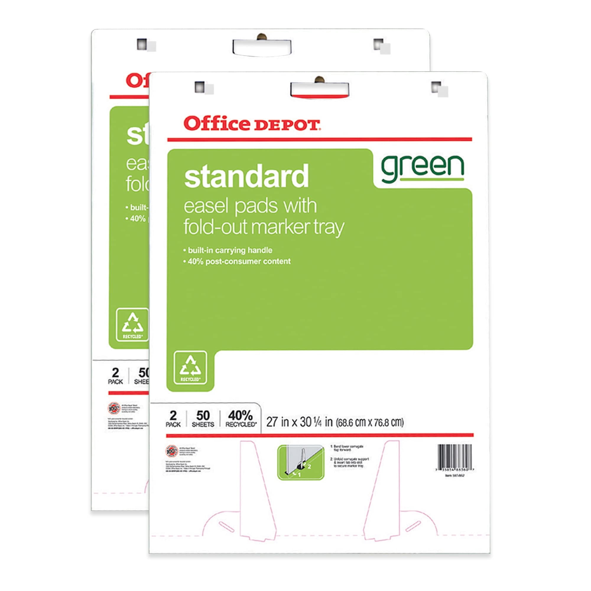 Office Depot 40% Recycled Bleed-Resistant Easel Pads, 27in. x 32in., Plain White Paper, 50 Sheets, Box Of 2, 99454