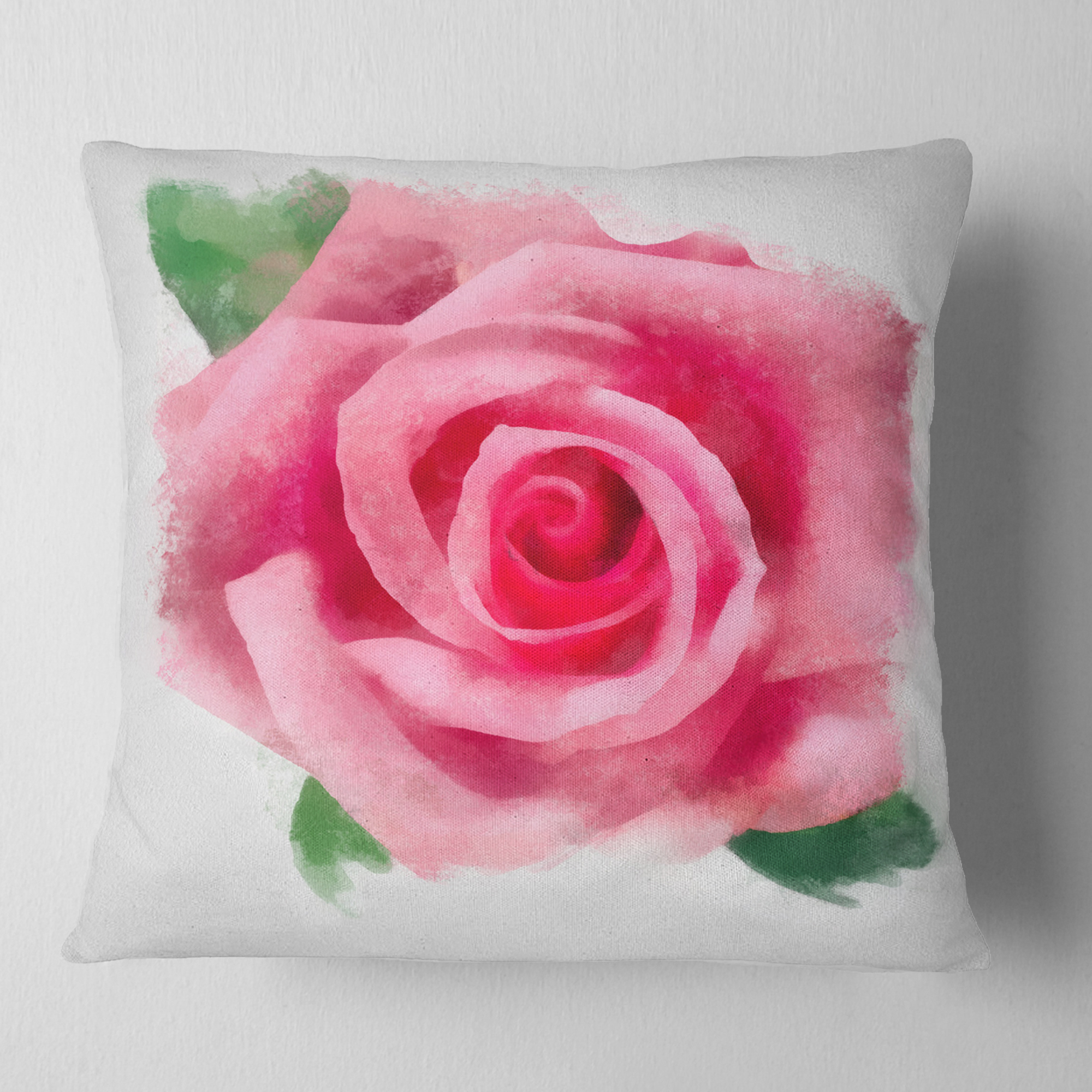 Designart Big Pink Rose Flower with Leaves - Floral Throw Pillow - 16x16