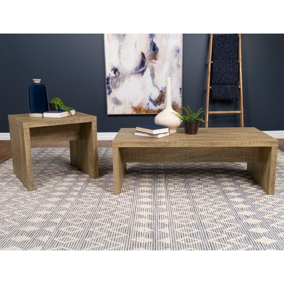Brianna Mango 2-Piece Coffee & End Table Set | Rustic Farmhouse Modern Style | Engineered Wood | Natural Finish | Rectangular & Square Tables | Living Room Furniture | Taiwan